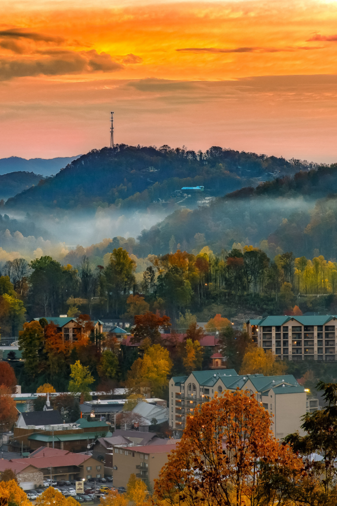 Overview of city of Gatlinburg at sunset