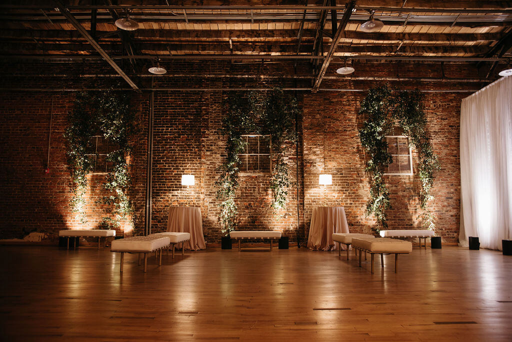Wedding lighting at indoor wedding venue, White Star Station in Tennessee