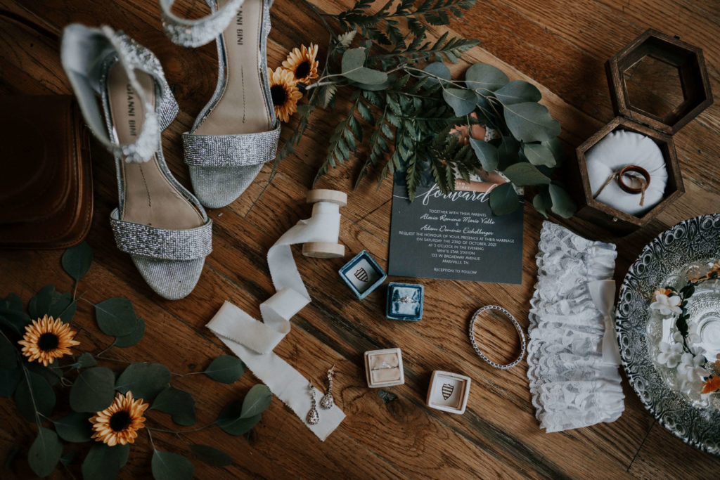 Flat lay photography for rustic industrial wedding details