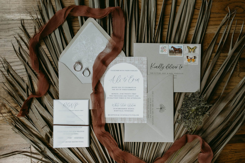 Boho neutral wedding invitation suite for Tennessee wedding