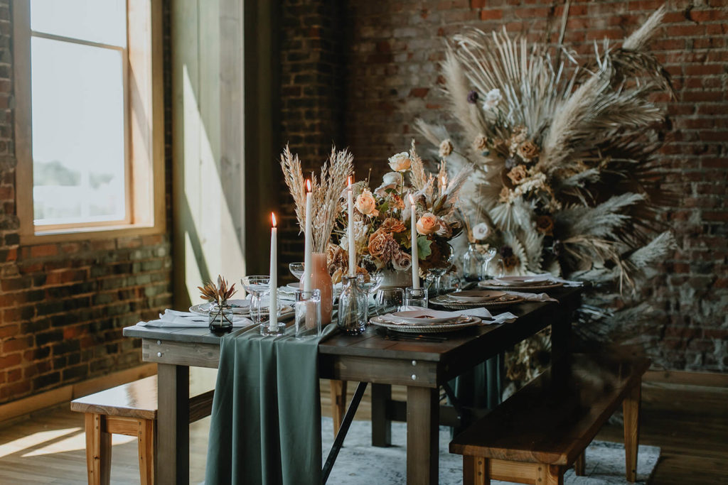 Boho elopement table for Tennessee wedding reception at White Star Station